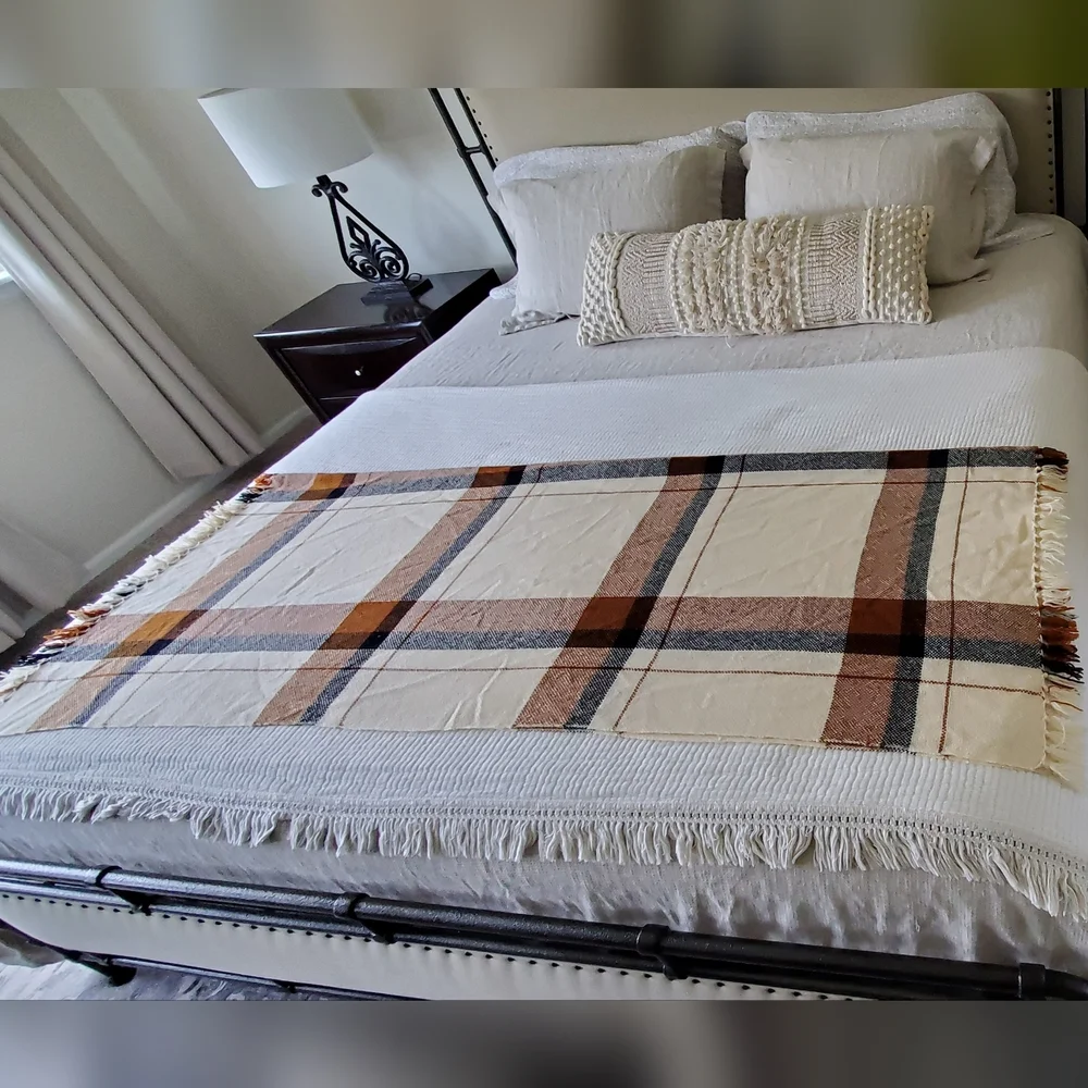 We Three Weavers Handwoven 100% Wool Cream/Black/Terra Cotta Plaid Throw Blanket